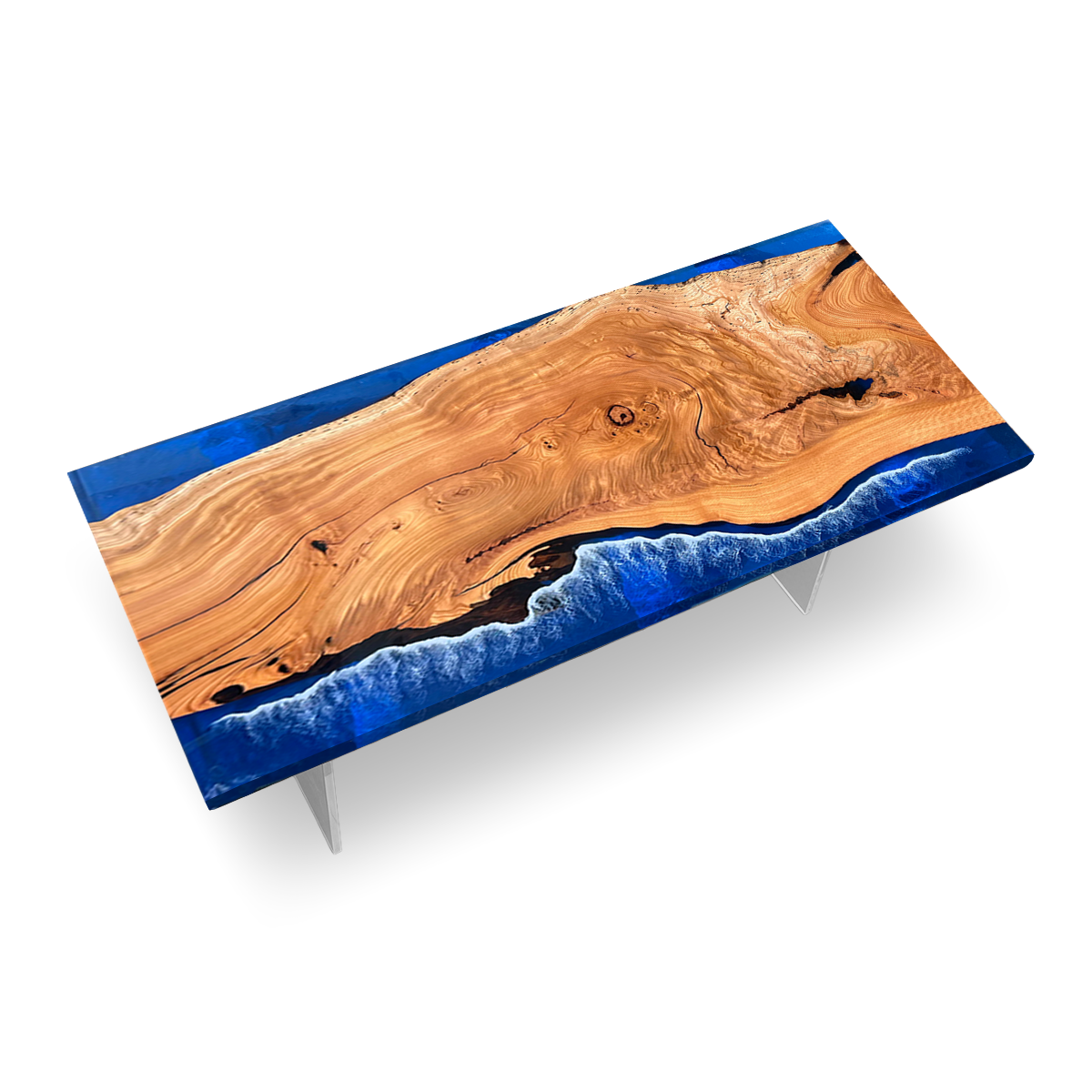 Rectangle Olive Wood Blue Epoxy Resin Ocean Wave Dining Table