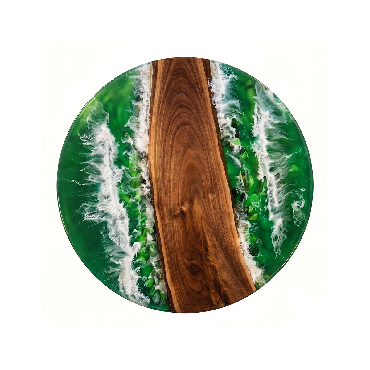 Walnut Wood Green Wave Epoxy Resin Round  Coffee Table