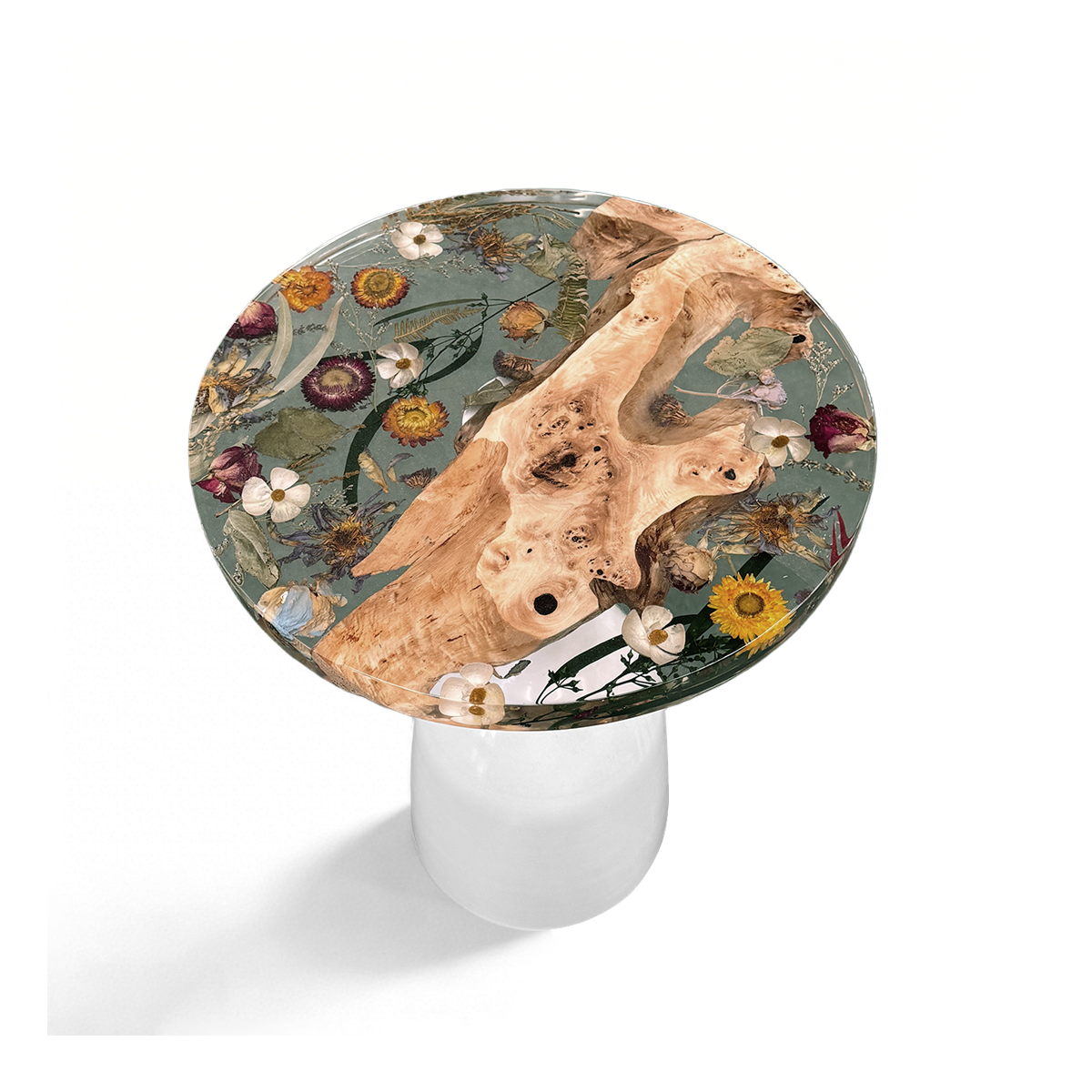 Poplar Wood Flower Resin Round Side Table