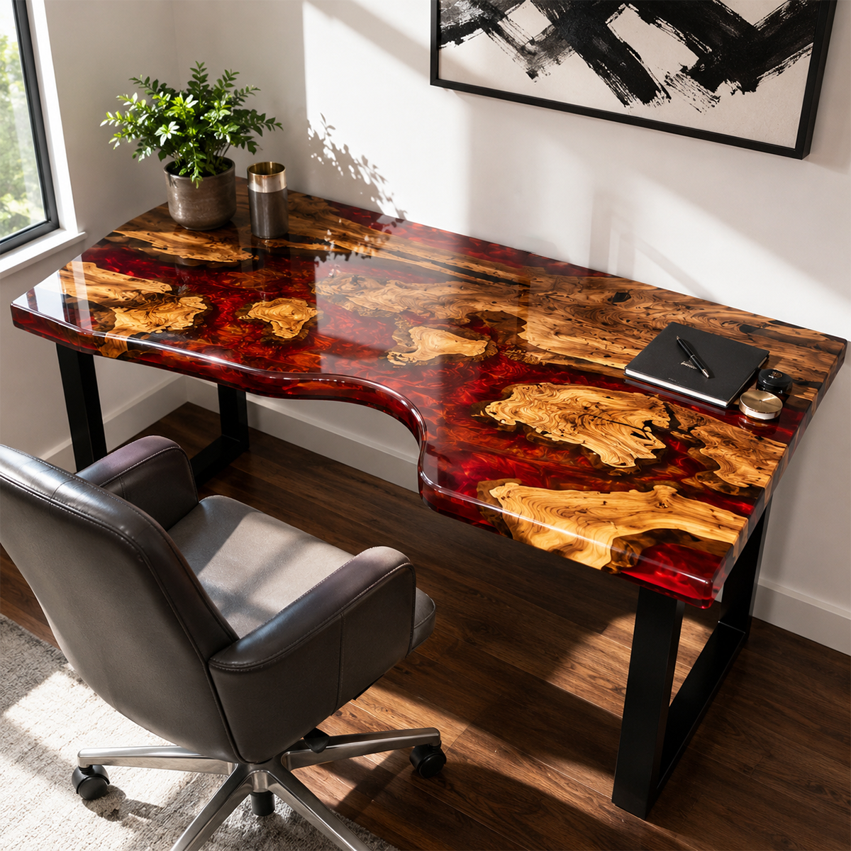 Poplar Burl Ergonomic Swirling Red Epoxy Resin Desk Table