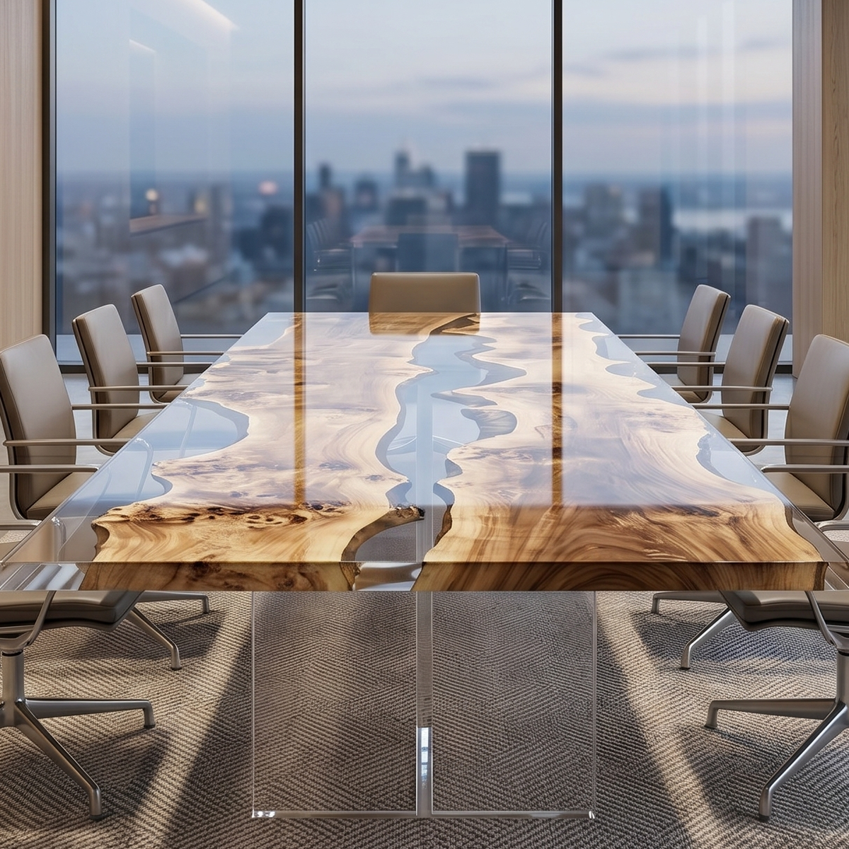 Poplar Burl Clear Epoxy Resin River Conference Table