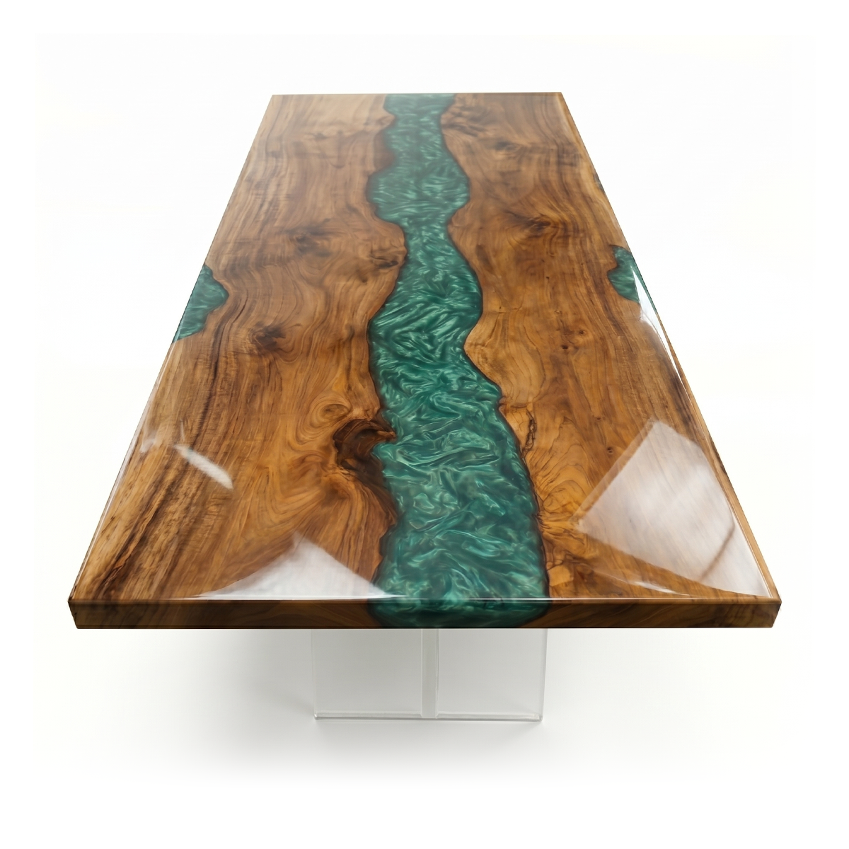 Live-Edge Walnut Wood Swirl Green Epoxy Resin River Table