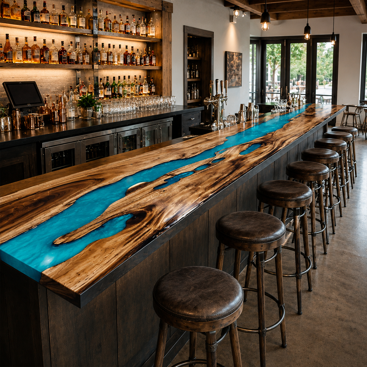 Walnut Wood Ocean Wave Inlay Counter Height Epoxy Resin Bar Table