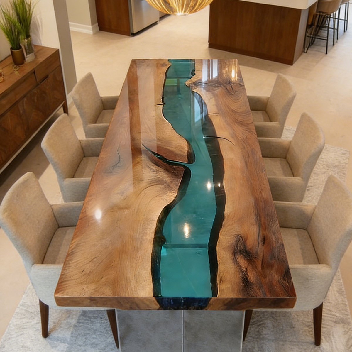Green River Walnut Wood Rectangle Epoxy Resin Coffee Table