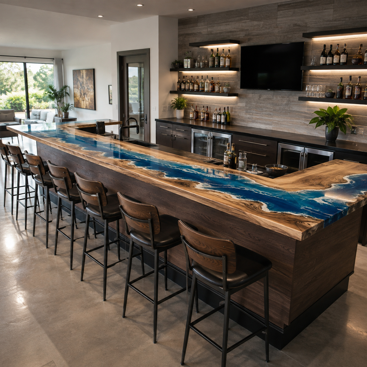Walnut Wood L-Shaped Ocean Wave Custom Corner Epoxy Resin Bar Table