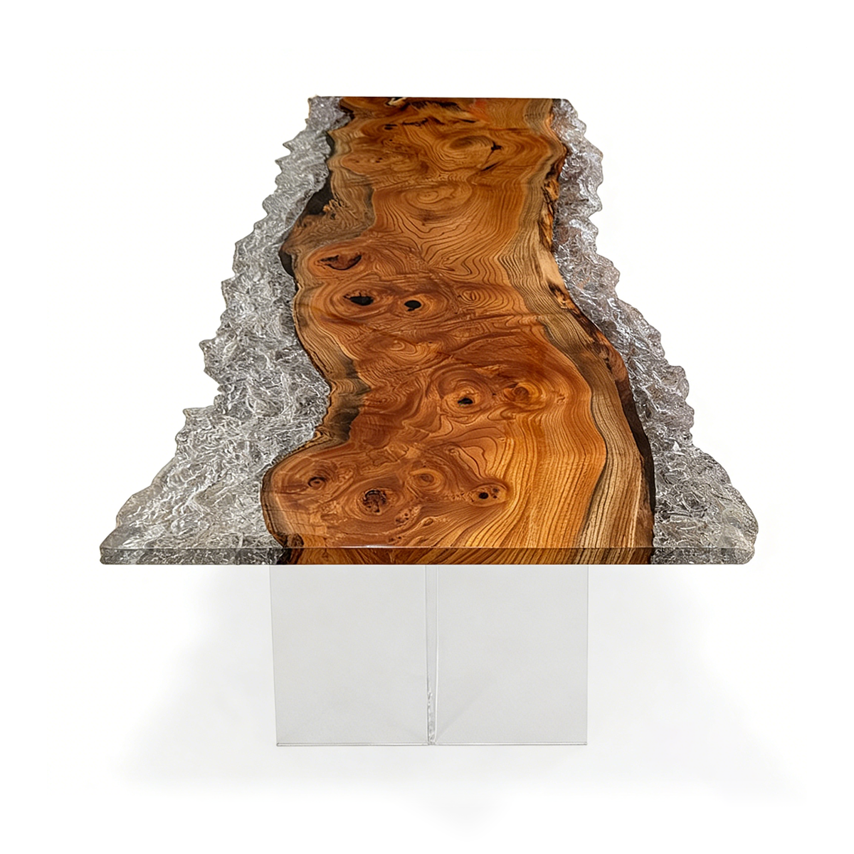 Olive Burl Wood Silver Metallic Epoxy Live Edge Dining Table