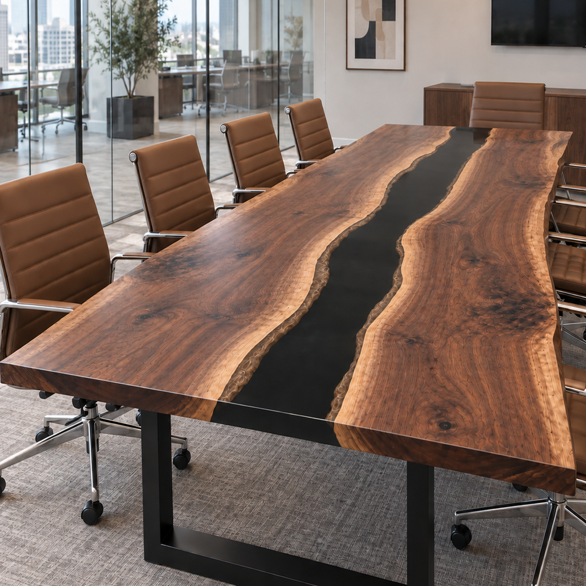 Live Edge Black Walnut Black Epoxy Resin Conference Table
