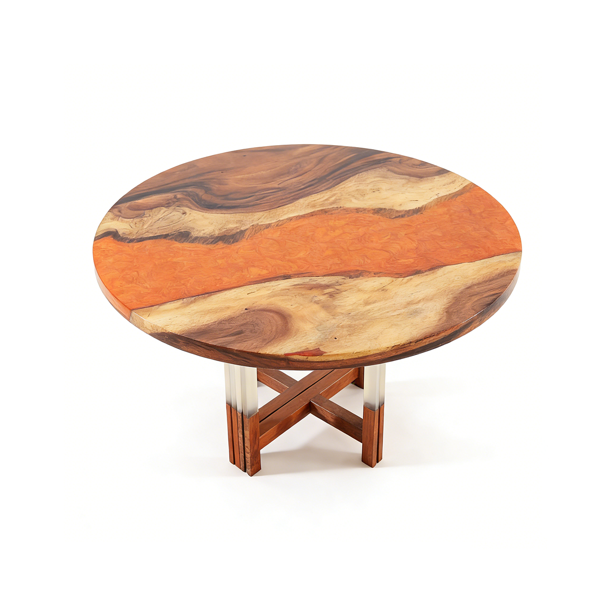 Walnut Wood Round Orange Resin Side Table