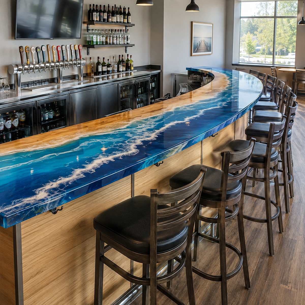 Walnut Wood Curved Ocean Wave Commercial Custom Epoxy Resin Bar Table