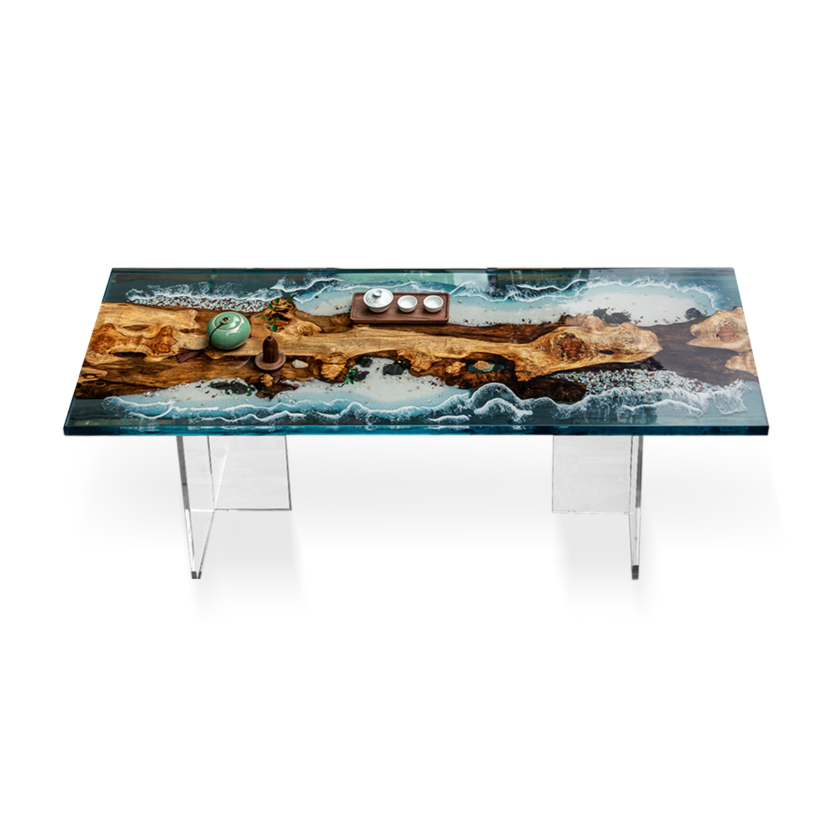 Walnut Wood Ocean Wave Resin Coffee Table