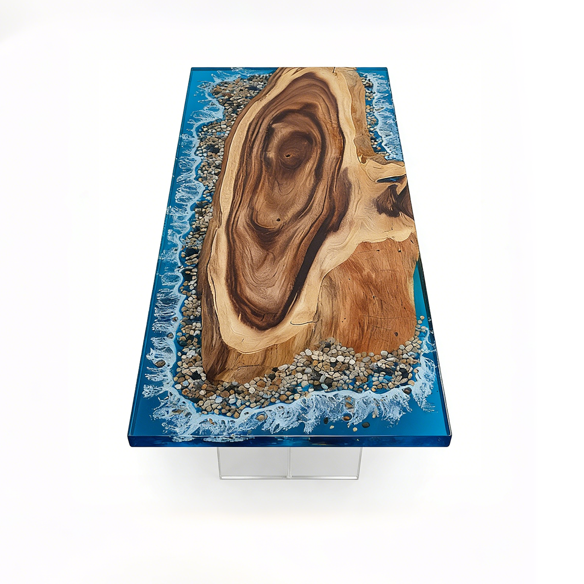 Walnut Wood Ocean Scene Rectangle Resin Coffee Table