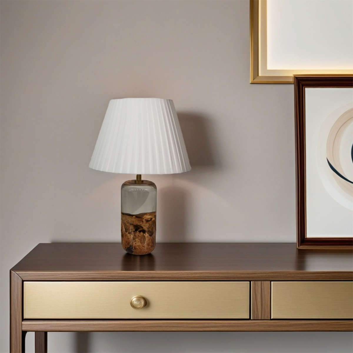 Burl Wood White Resin Table Lamp