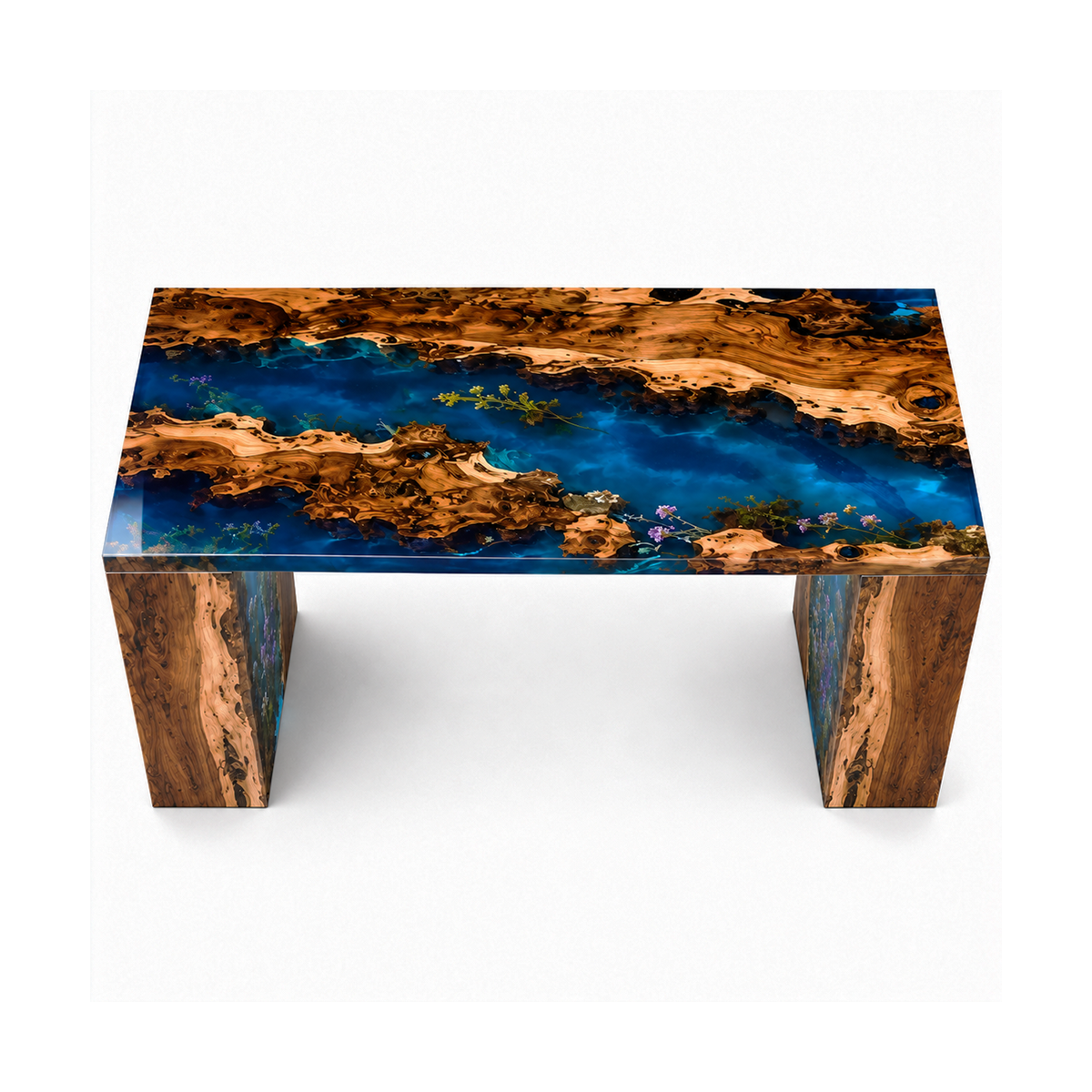 Walnut Wood Flower Blue Epoxy Resin Waterfall Dining Table