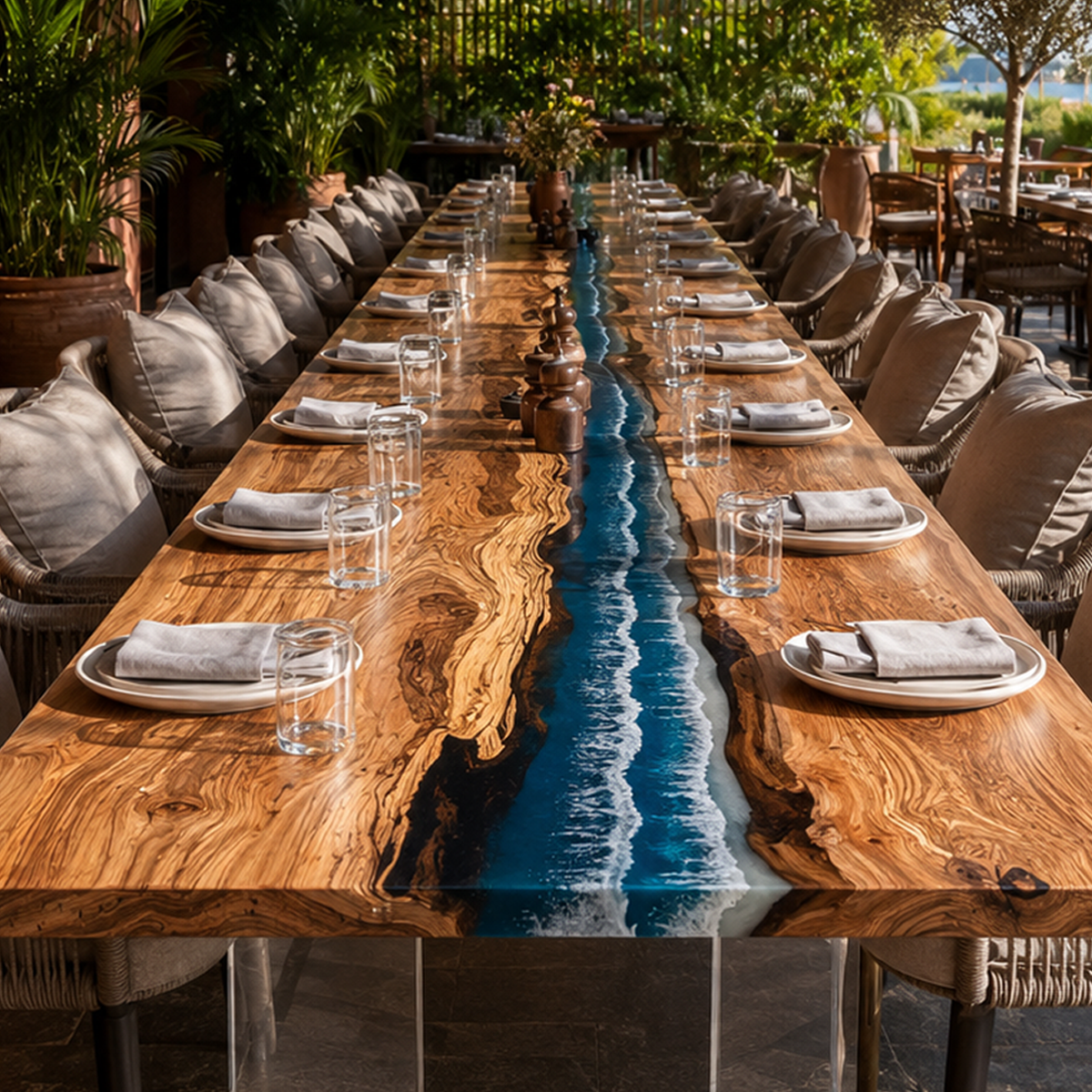 Olive Wood Mediterranean Tide Restaurant Epoxy Resin Table