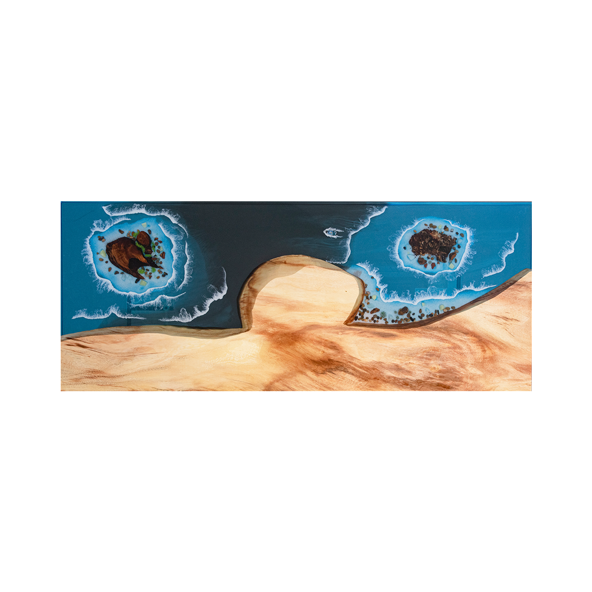 Walnut Wood Blue Wave Rectangle Resin Coffee Table