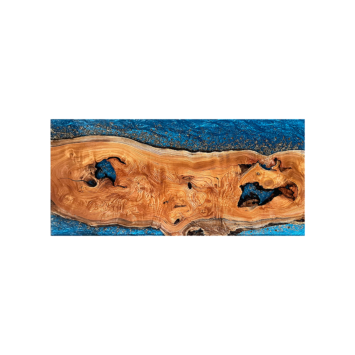 Maple Burl Wood Blue Epoxy Resin Dining Table with Gold Flakes