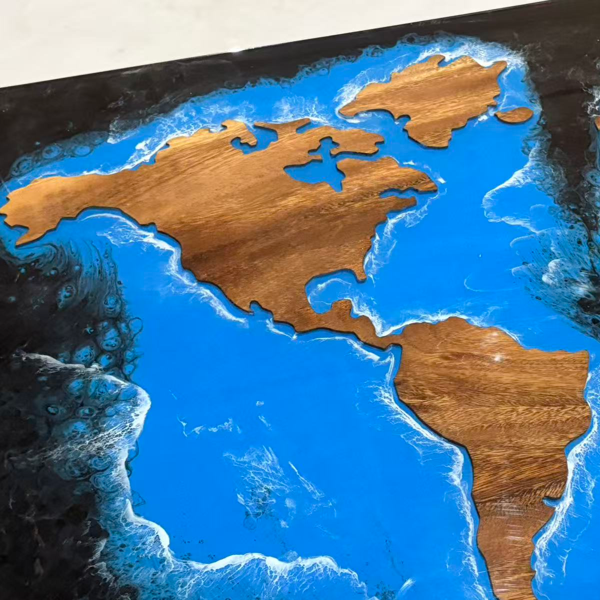 Walnut Wood Blue Ocean World Map Resin Coffee Table