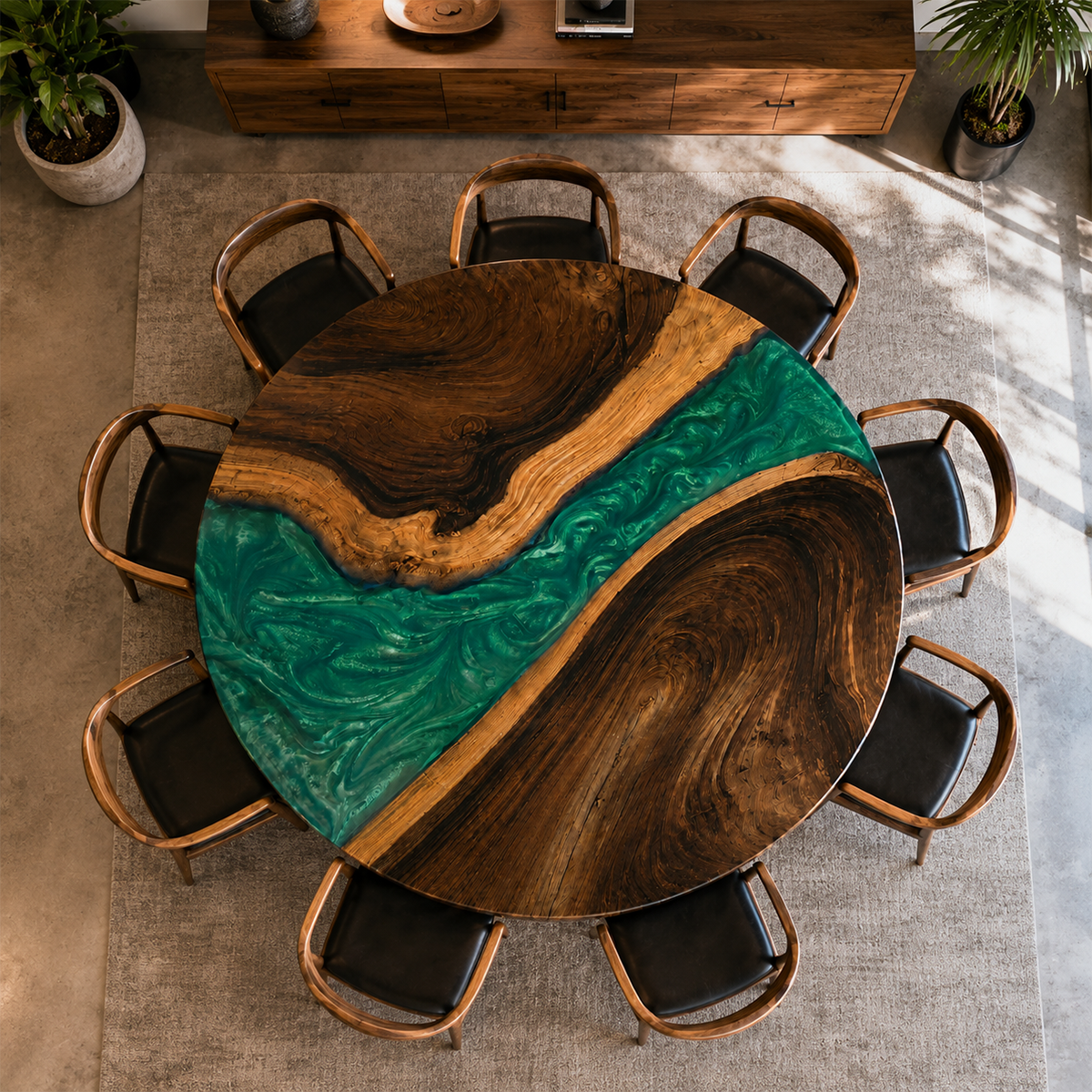 Black Walnut with Swirl Green Epoxy Resin Round Table