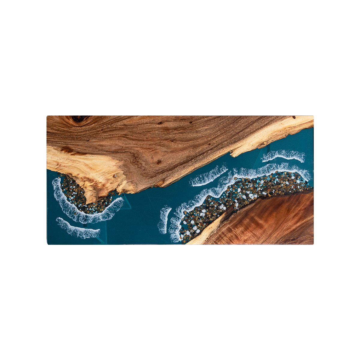 Walnut Wood Teal Ocean Wave Rectangle Resin coffee table