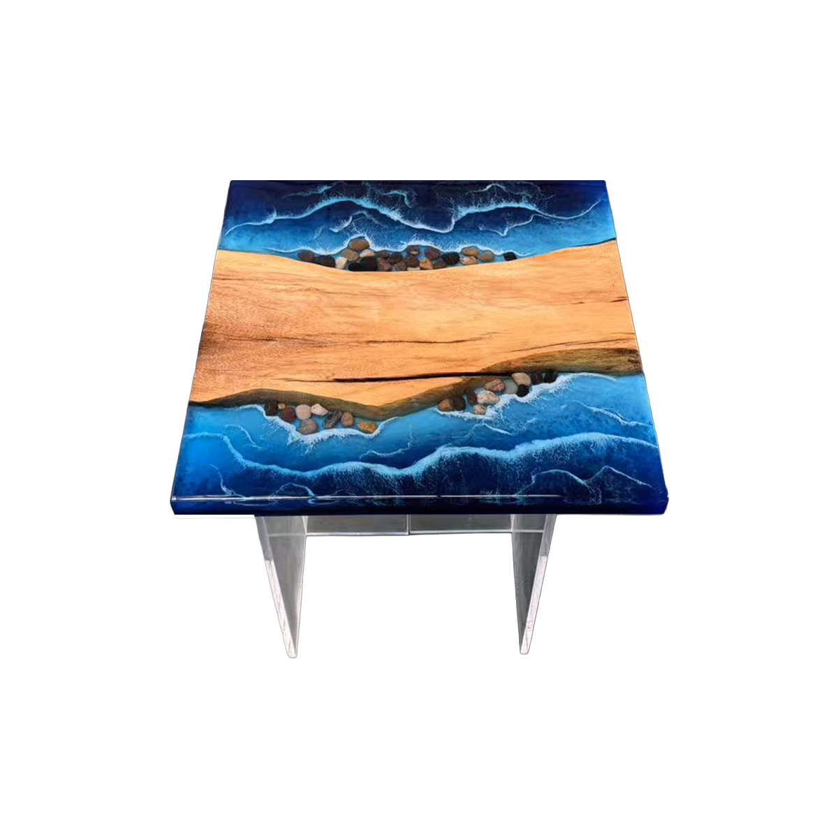 Walnut Wood Ocean Wave Resin Side Table