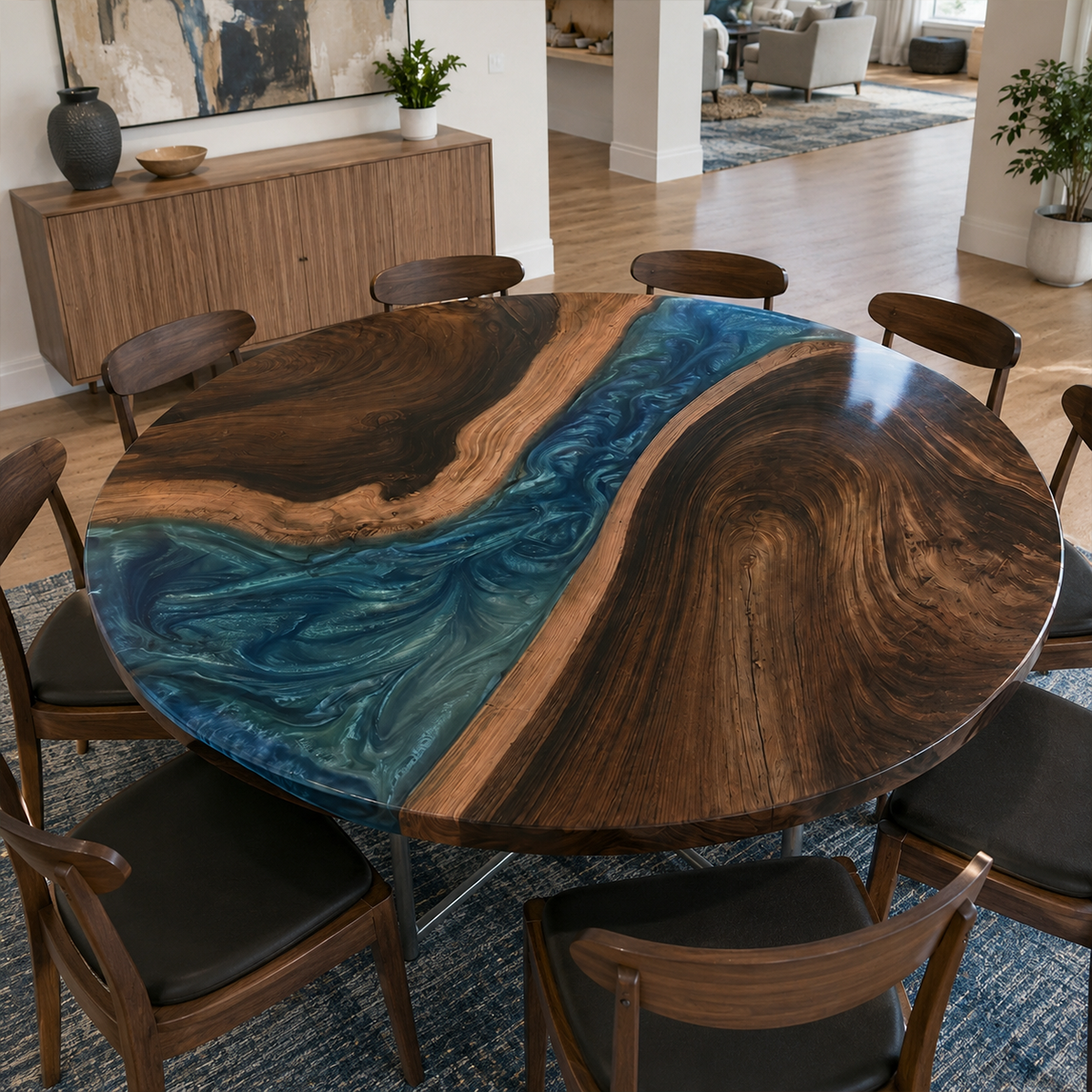 Black Walnut with Swirl Blue Epoxy Resin Round Table