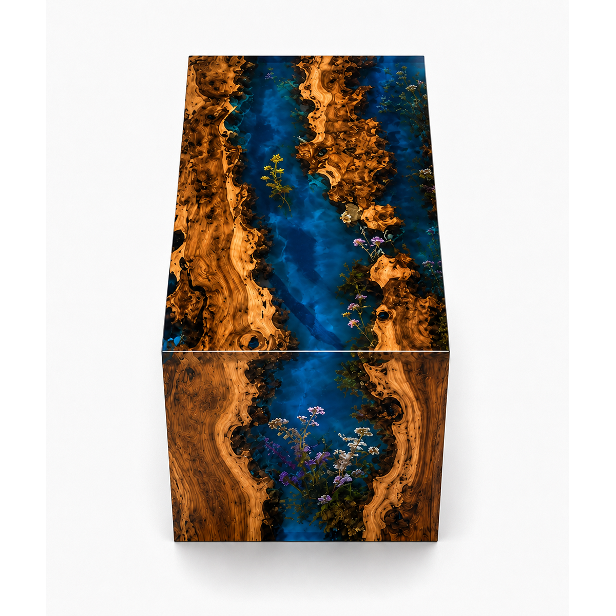 Walnut Wood Flower Blue Epoxy Resin Waterfall Dining Table