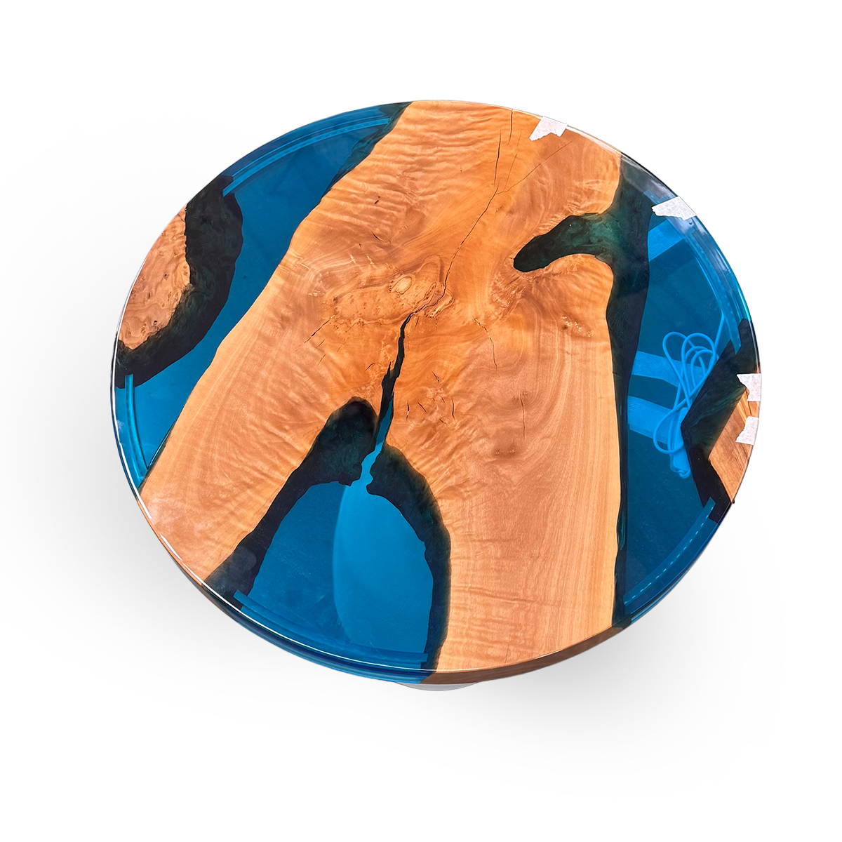 Olive Wood Blue Resin Round Side Table