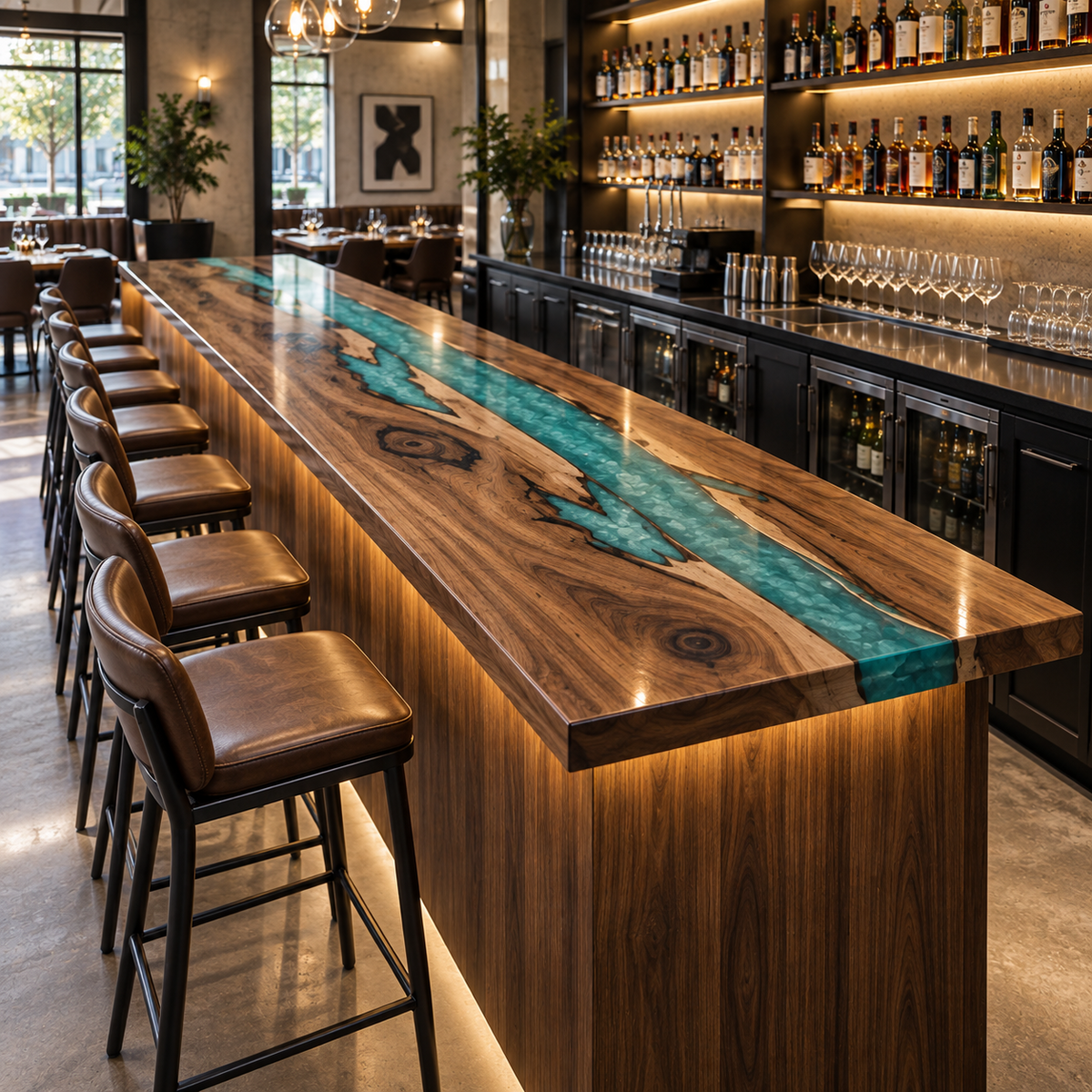 Walnut Wood L-Shape Swirl Blue Epoxy Resin Bar Counter Table