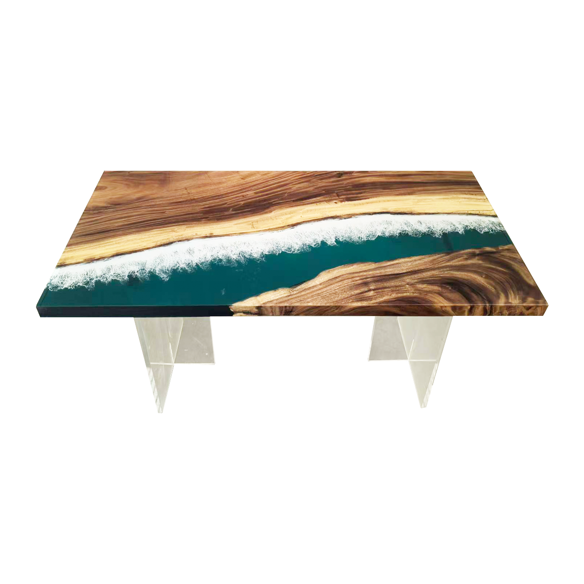 Walnut Teal Ocean Wave Epoxy Resin Coffee Table