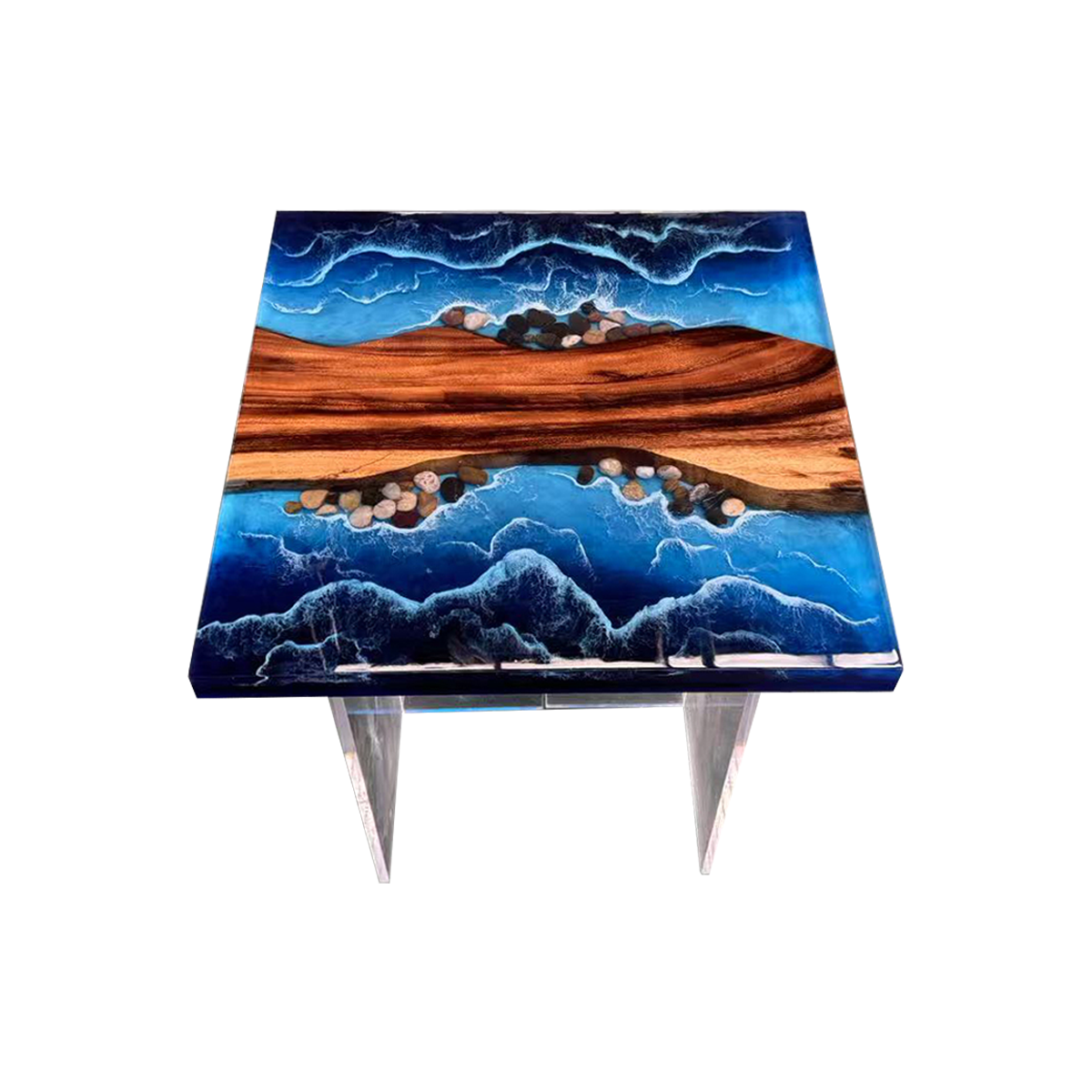 Walnut Wood Ocean Wave Resin Side Table
