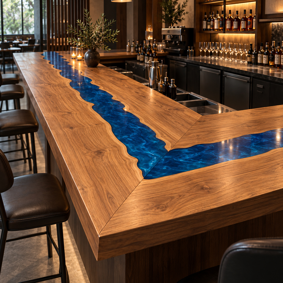 Walnut Wood Blue Epoxy L-Shape Bar Table for Restaurant