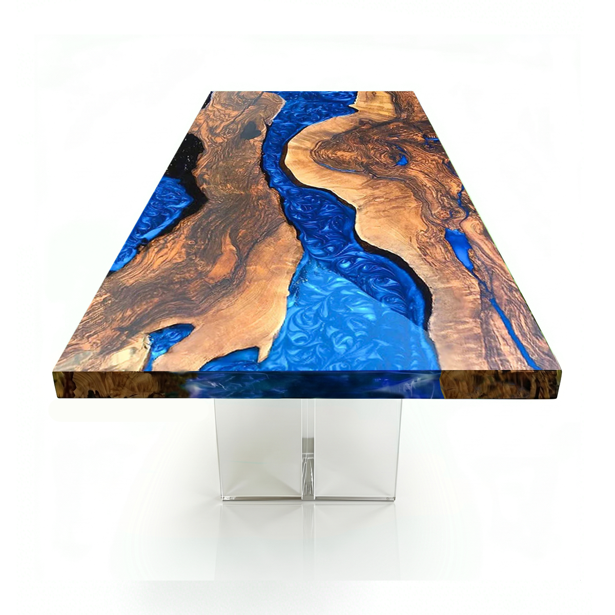 Burl Wood Deep Blue Swirl Epoxy Resin River Dining Table