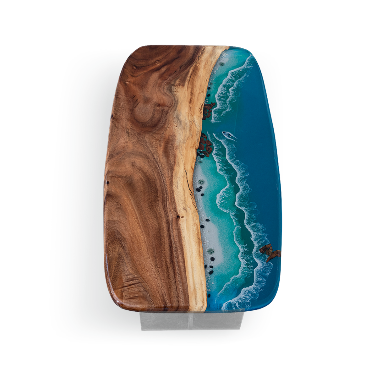 Walnut Wood Blue Wave Rectangle Resin Coffee Table