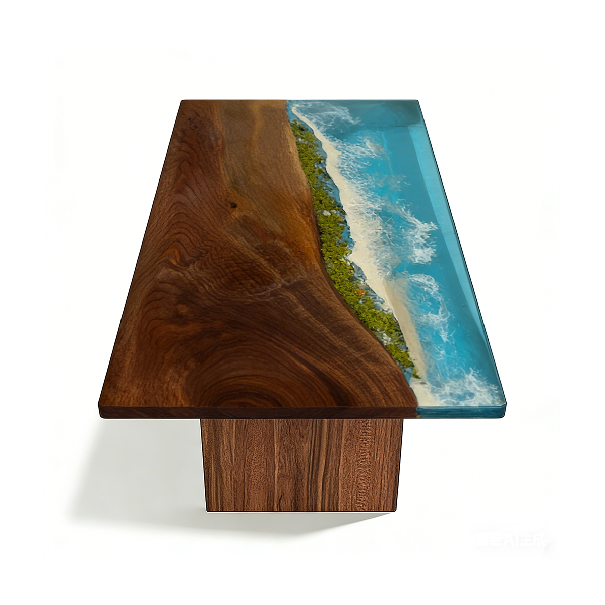 Black Walnut Wood Blue Wave Rectangle Resin Coffee Table