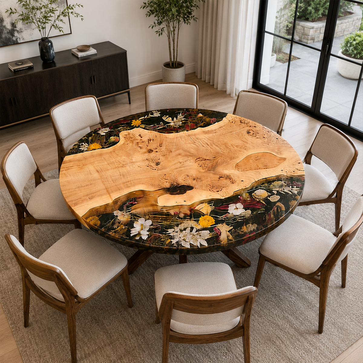 Poplar Wood Flower Round Resin Table