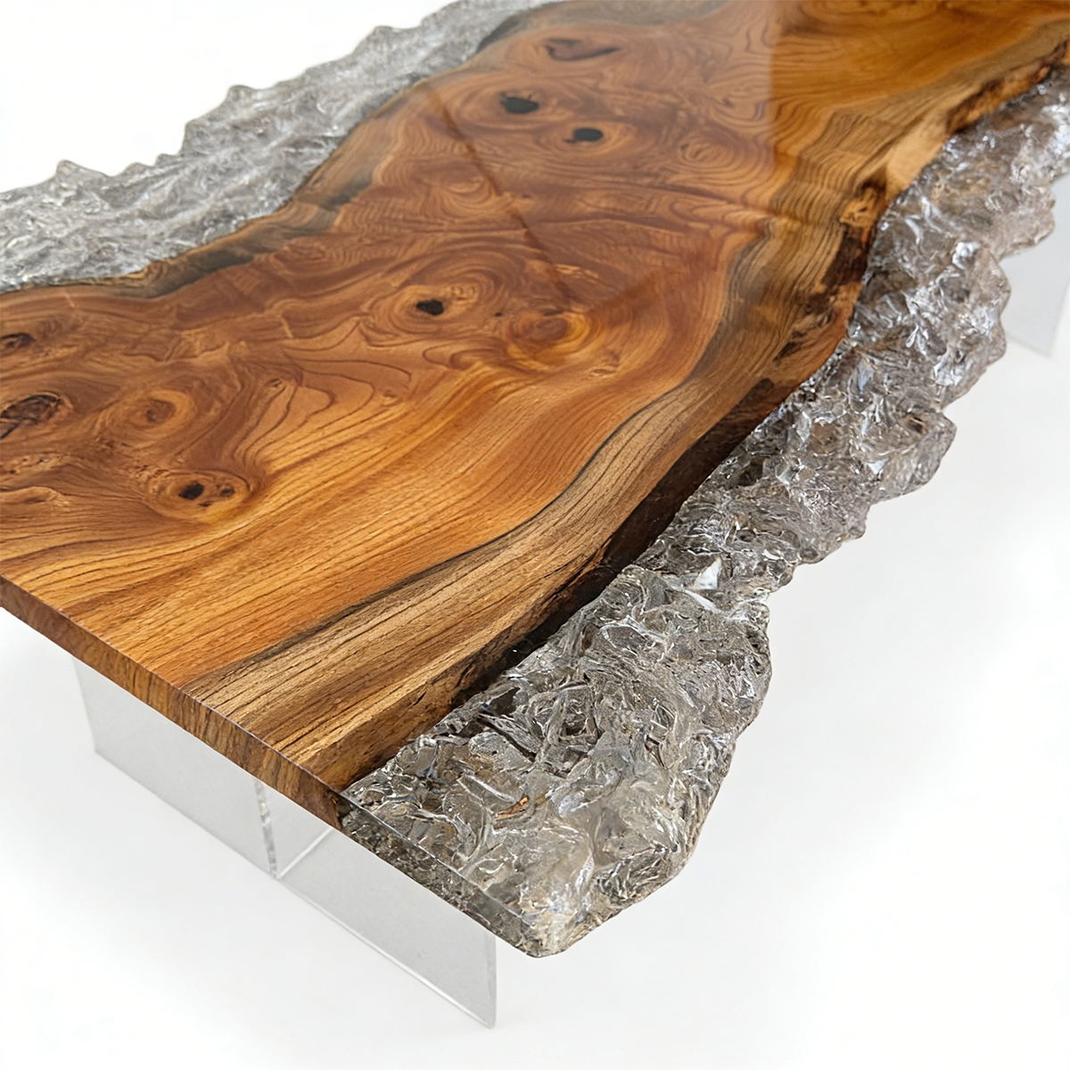 Olive Burl Wood Silver Metallic Epoxy Live Edge Dining Table