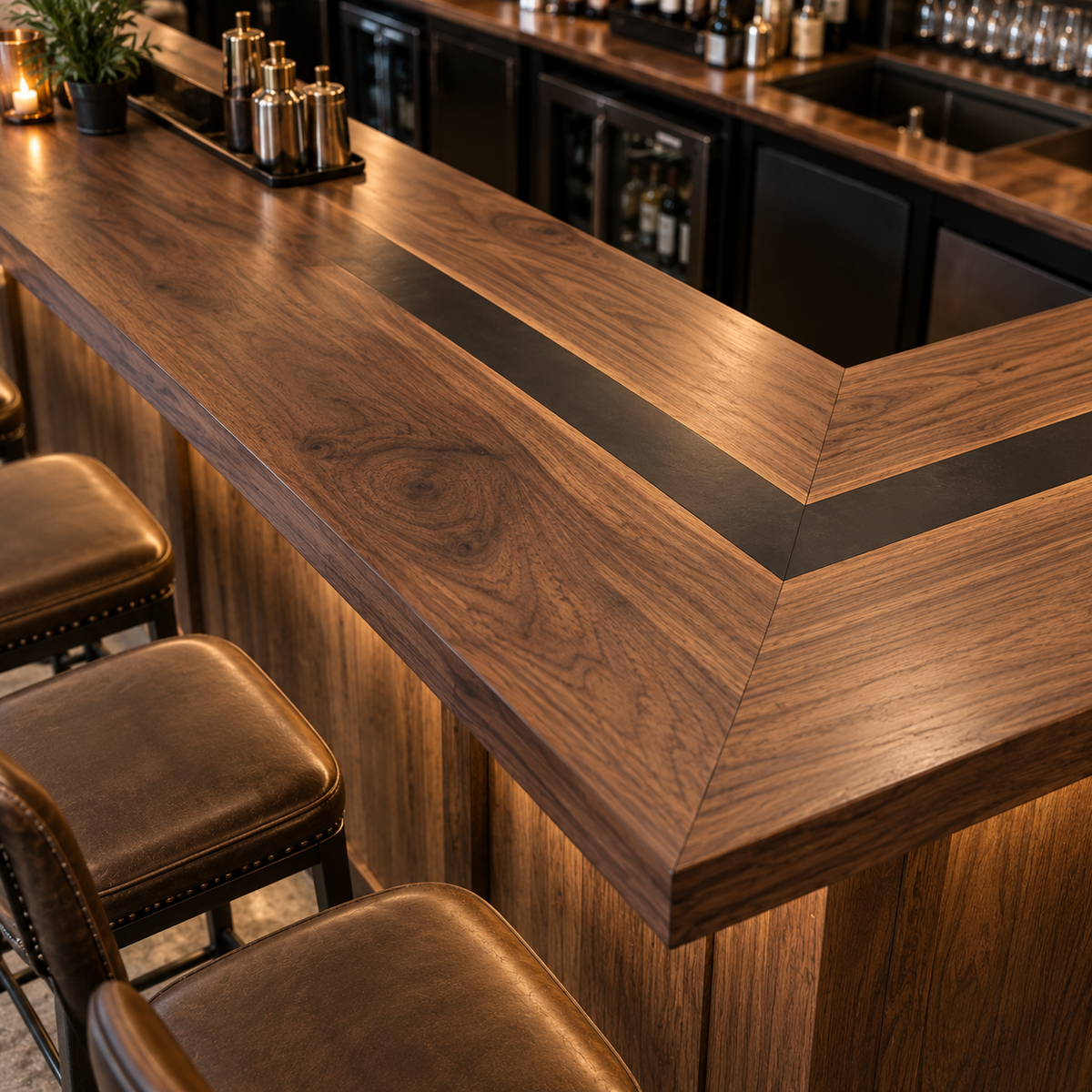 Black Walnut L-Shape Black River Epoxy Resin Bar Table for Hospitality Spaces