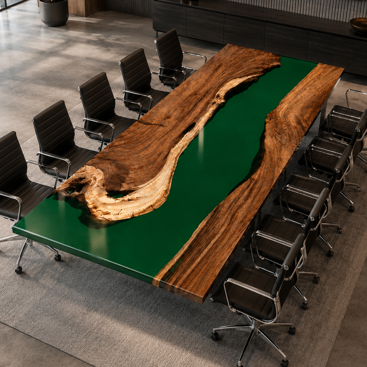 Walnut Wood with Green Epoxy Resin Conference Table