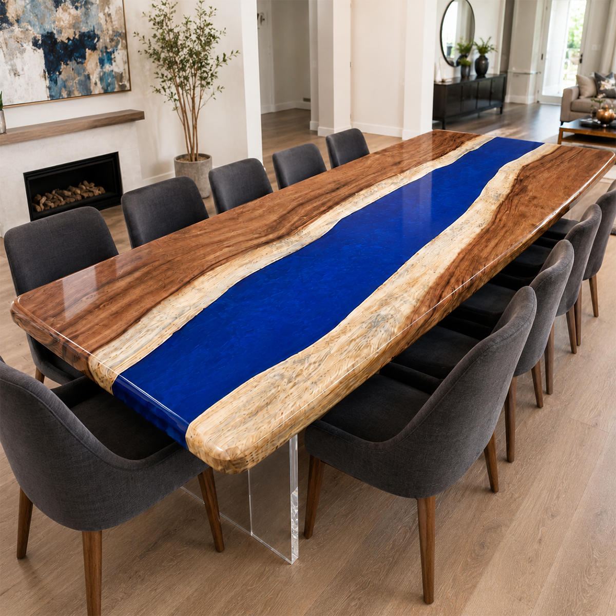 Walnut Wood with Blue Epoxy Resin Dining Table