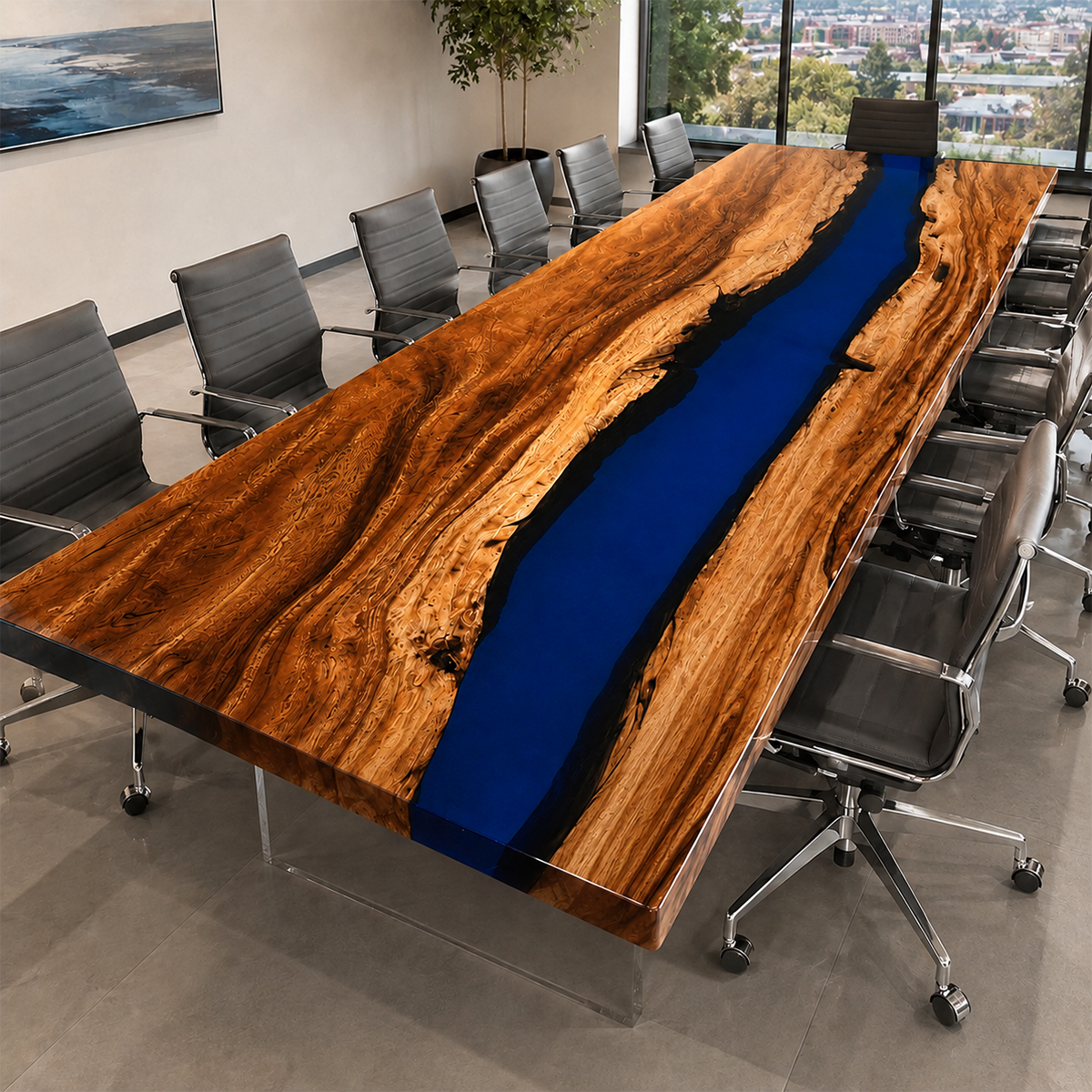Walnut Wood with Blue Epoxy Resin Conference Table