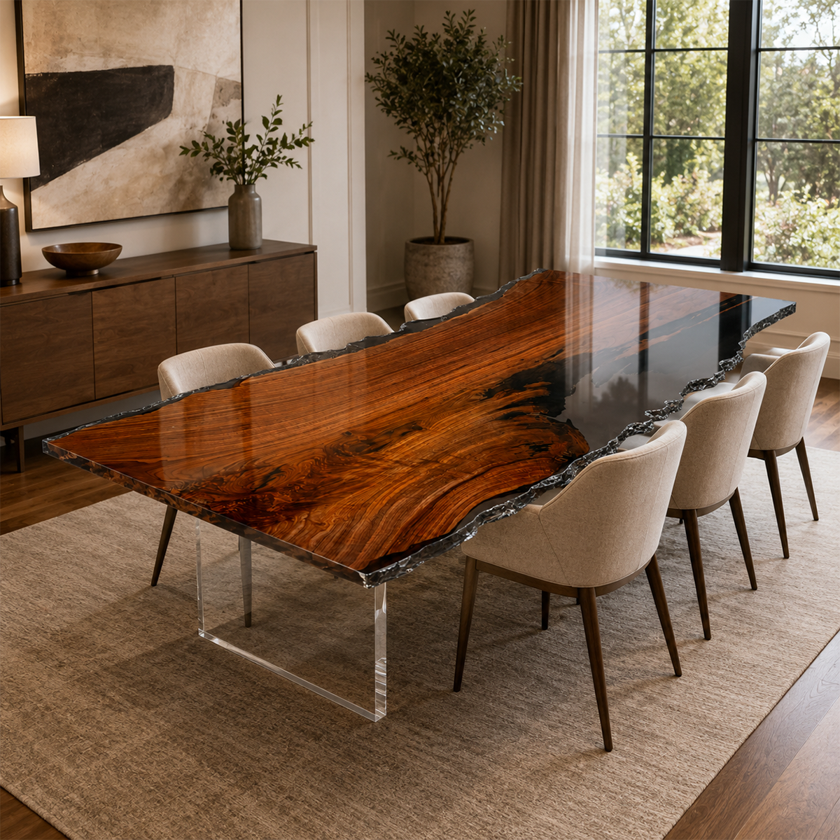 Black Walnut Wood Crystal Edge Transparent Epoxy Resin Dining Table 35.4"W x 74.8"L Thickness 2.0"