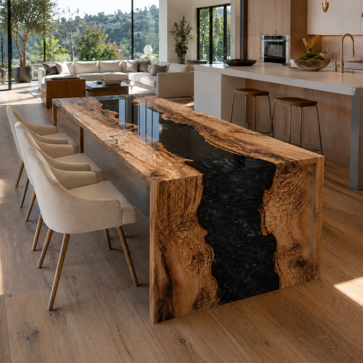 Olive Wood Black River Epoxy Resin Waterfall Dining Table