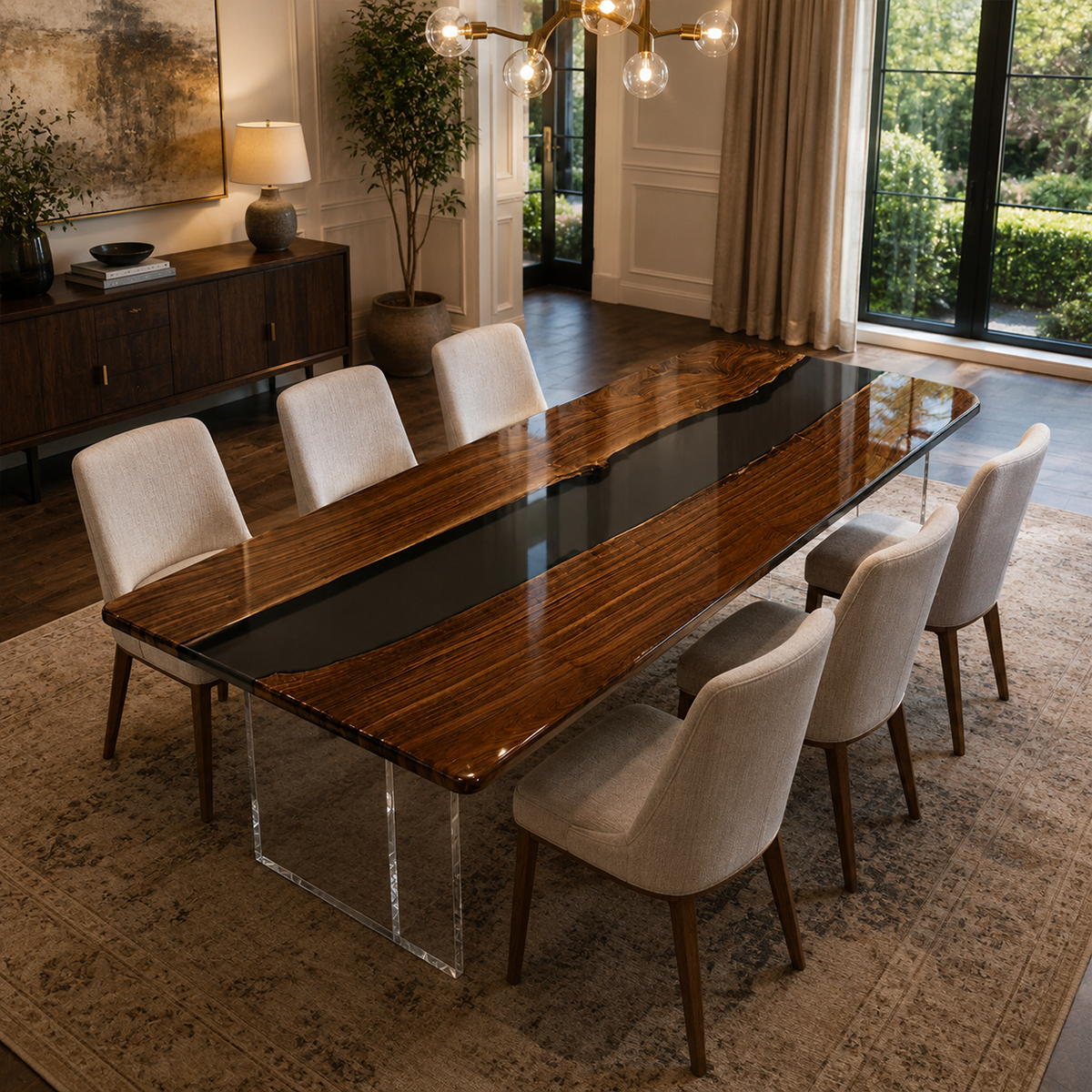Black Walnut Wood with Transparent Epoxy Resin Dining Table 31.5"W x 78.7"L Thickness 2.0"