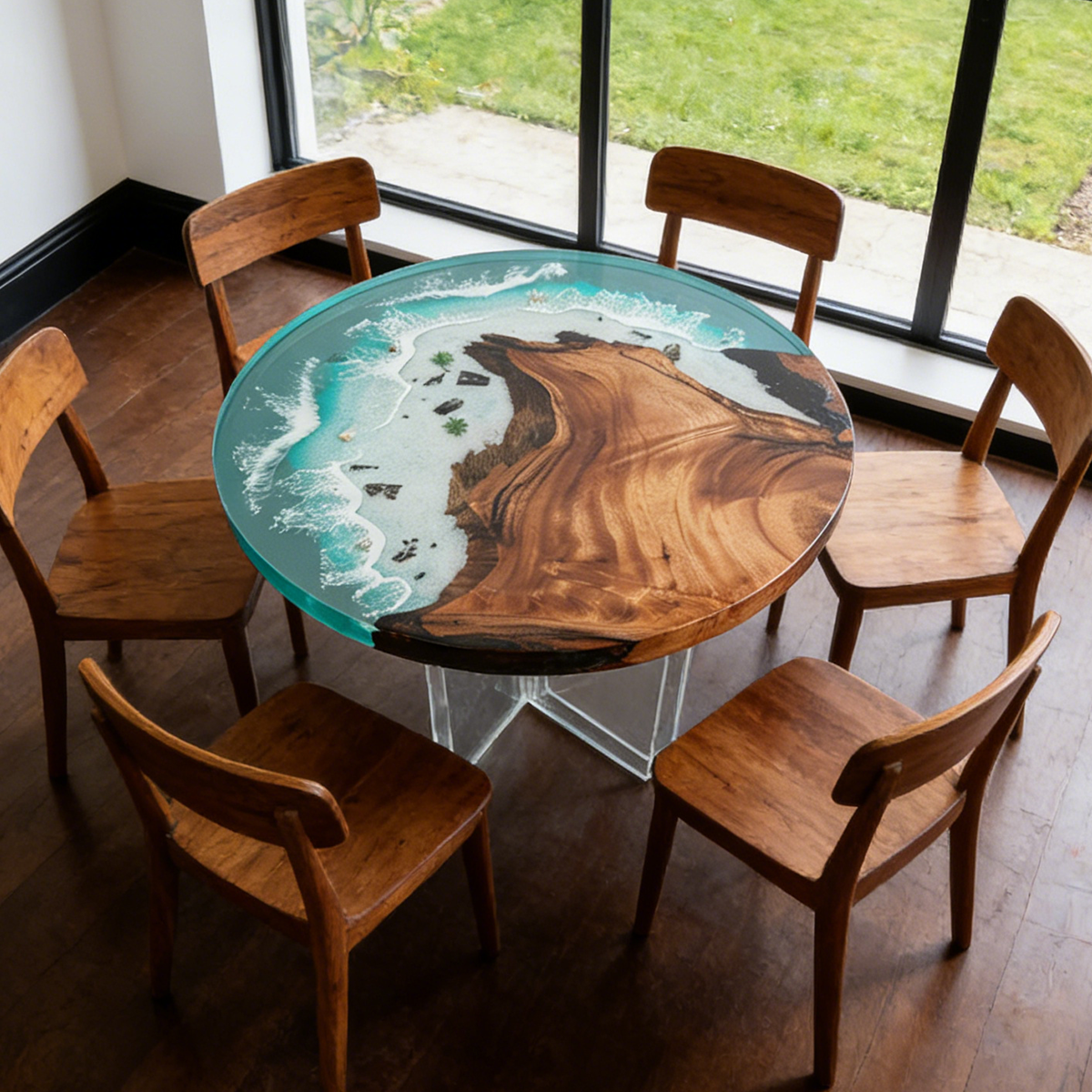 Walnut Wood Blue Wave Resin Round Table
