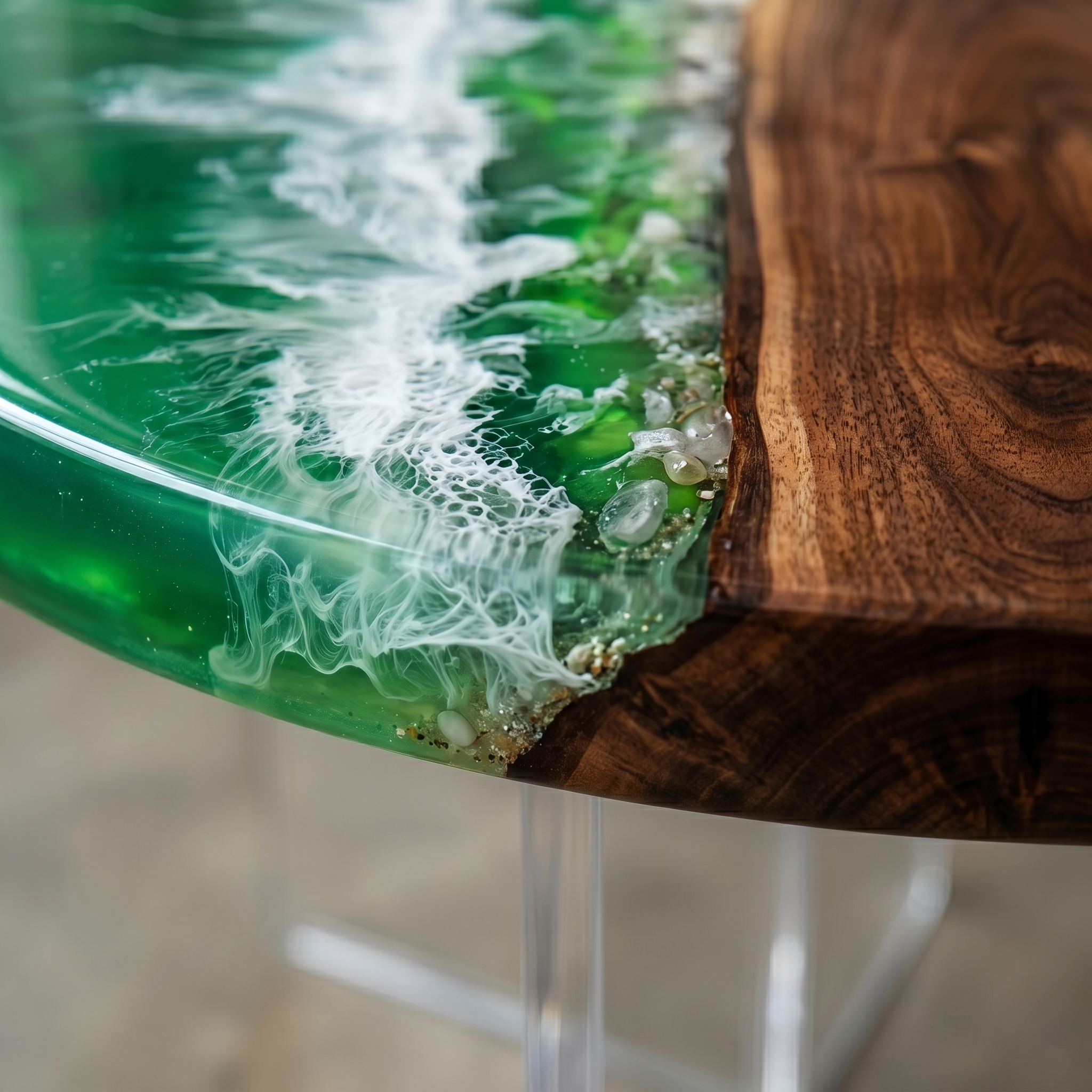Walnut Wood Green Wave Epoxy Resin Round  Coffee Table