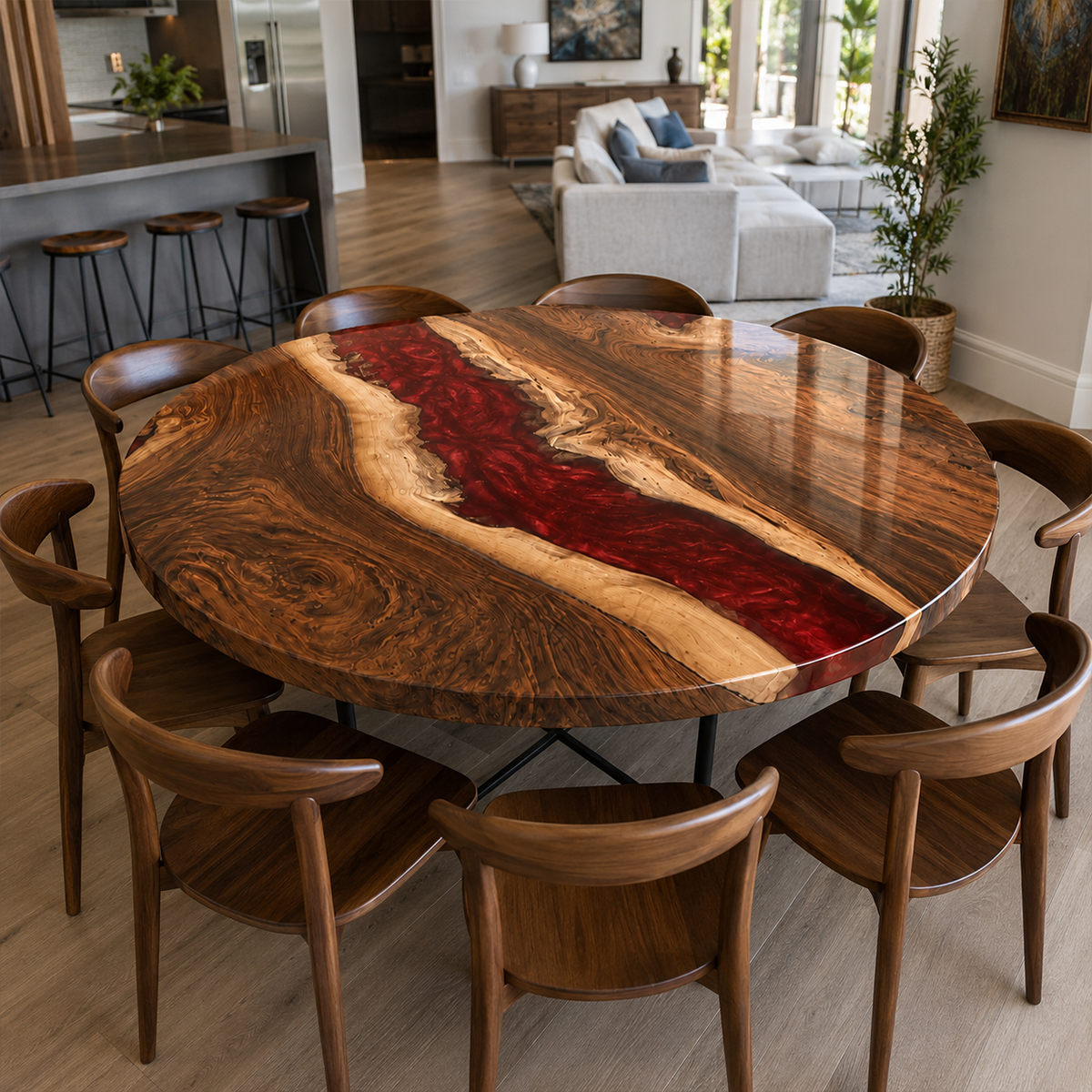 Walnut with Red Epoxy Resin Round Dining Table