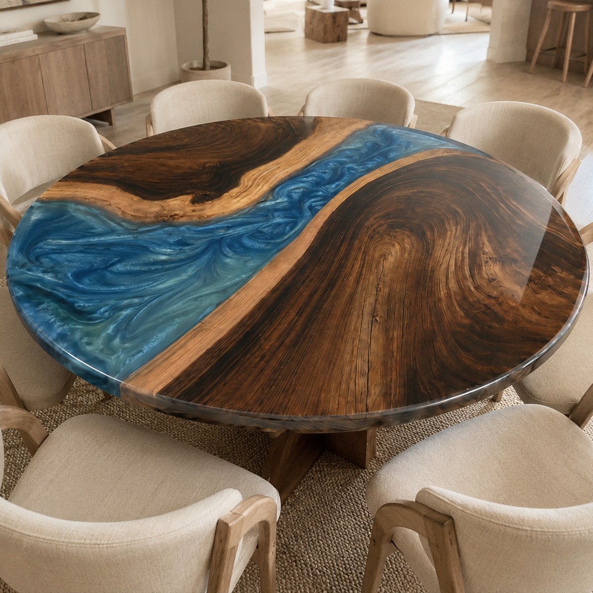 Black Walnut with Swirl Blue Epoxy Resin Round Table