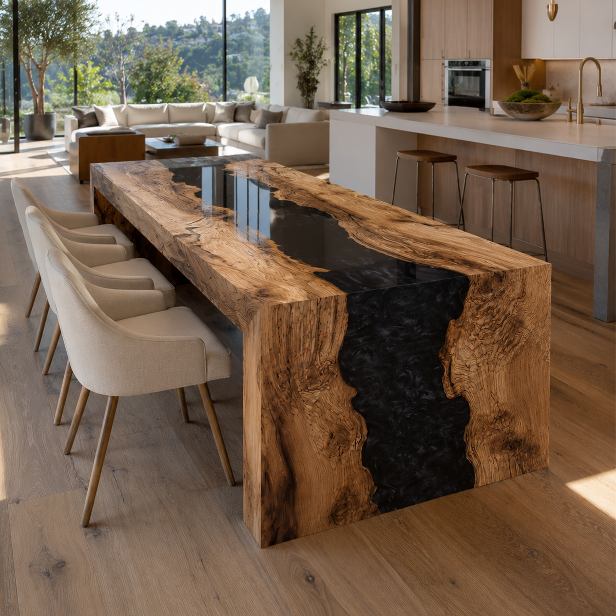 Olive Wood Black River Epoxy Resin Waterfall Dining Table