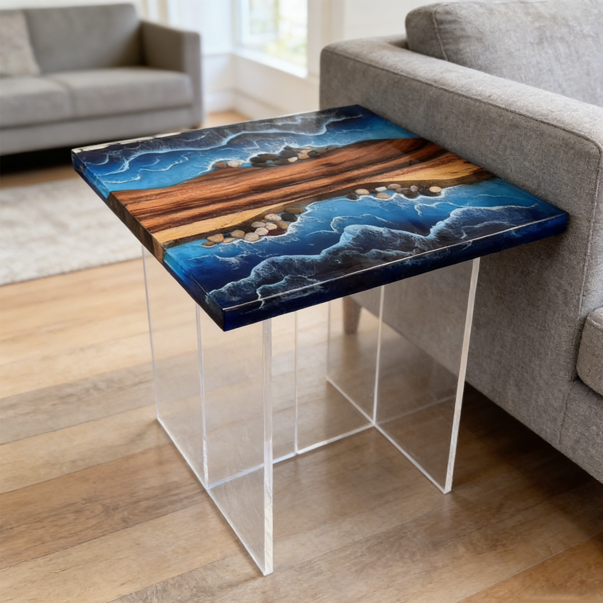 Walnut Wood Ocean Wave Resin Side Table