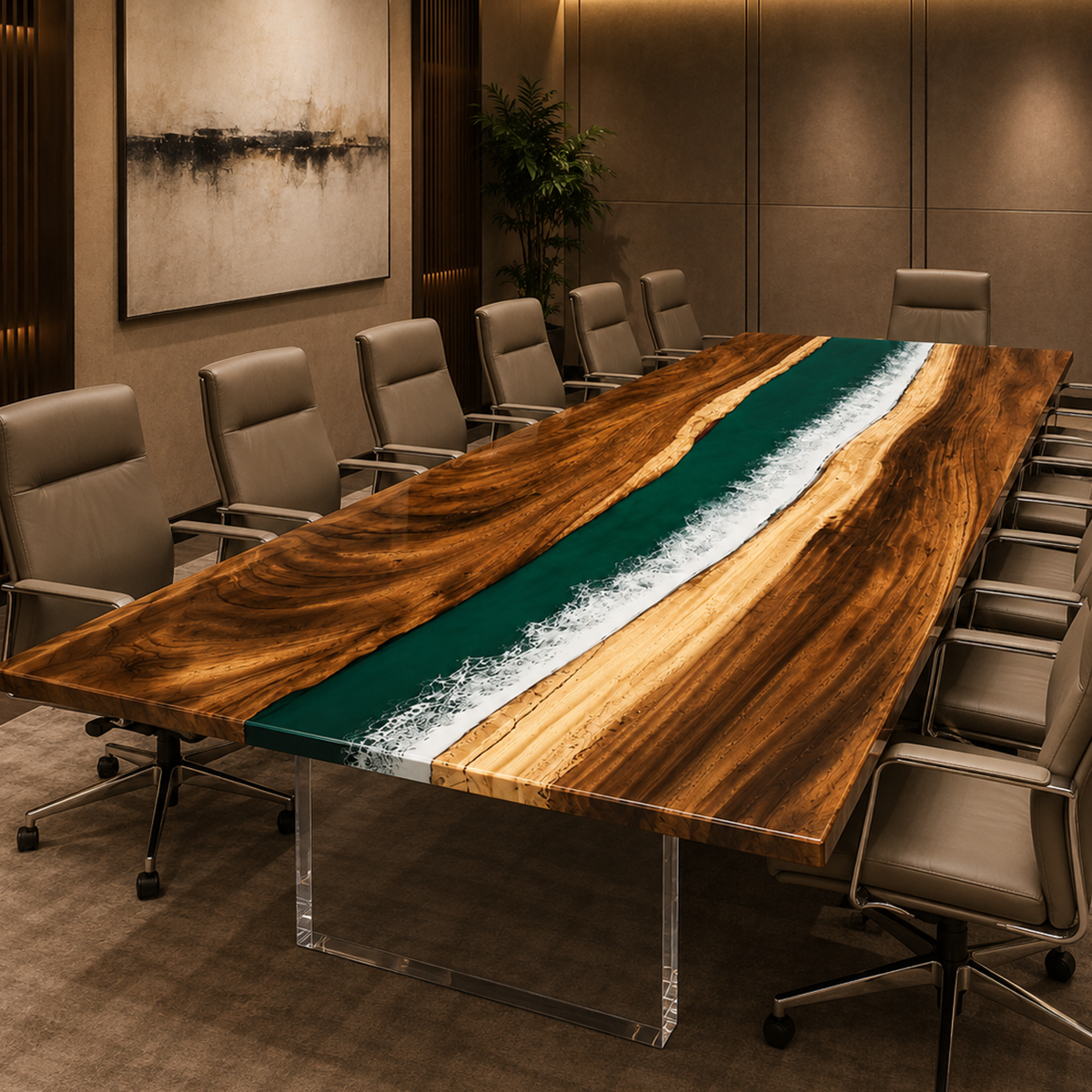 Walnut Wood with Green Wave Epoxy Resin Conference Table